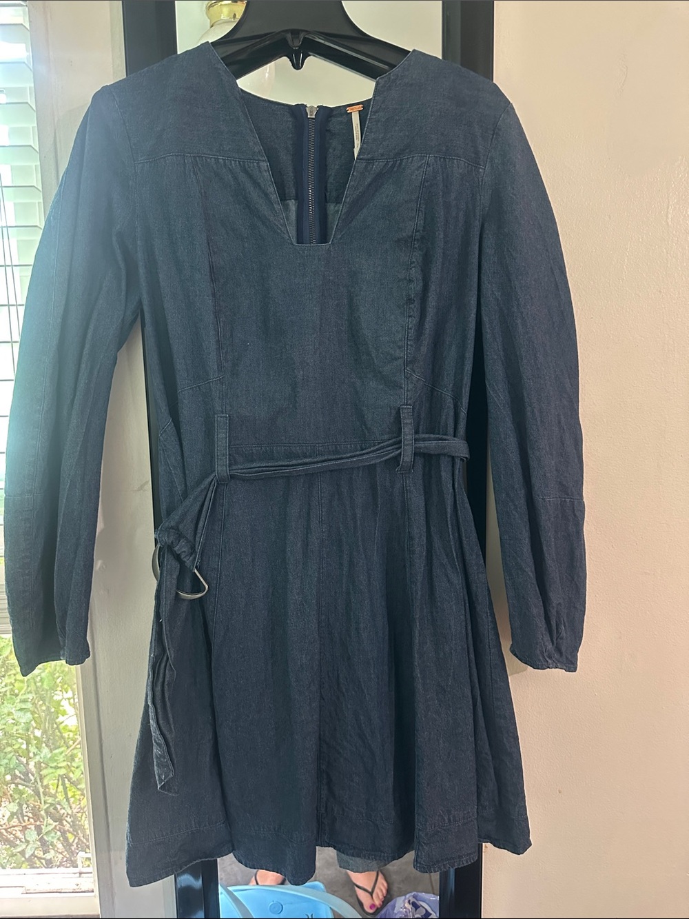 Free People Dark Blue Denim Long-Sleeve Waist-Tie Dress